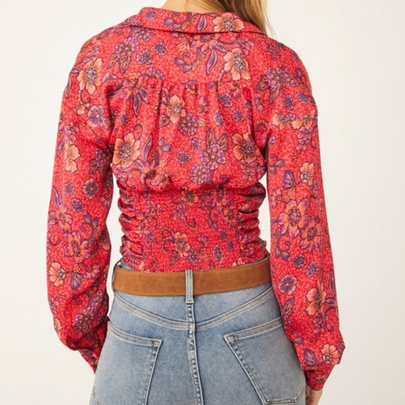 Free People Top Women XL Blouse Floral I Got You Crop Long Sleeve Ruched EE - Picture 8 of 8